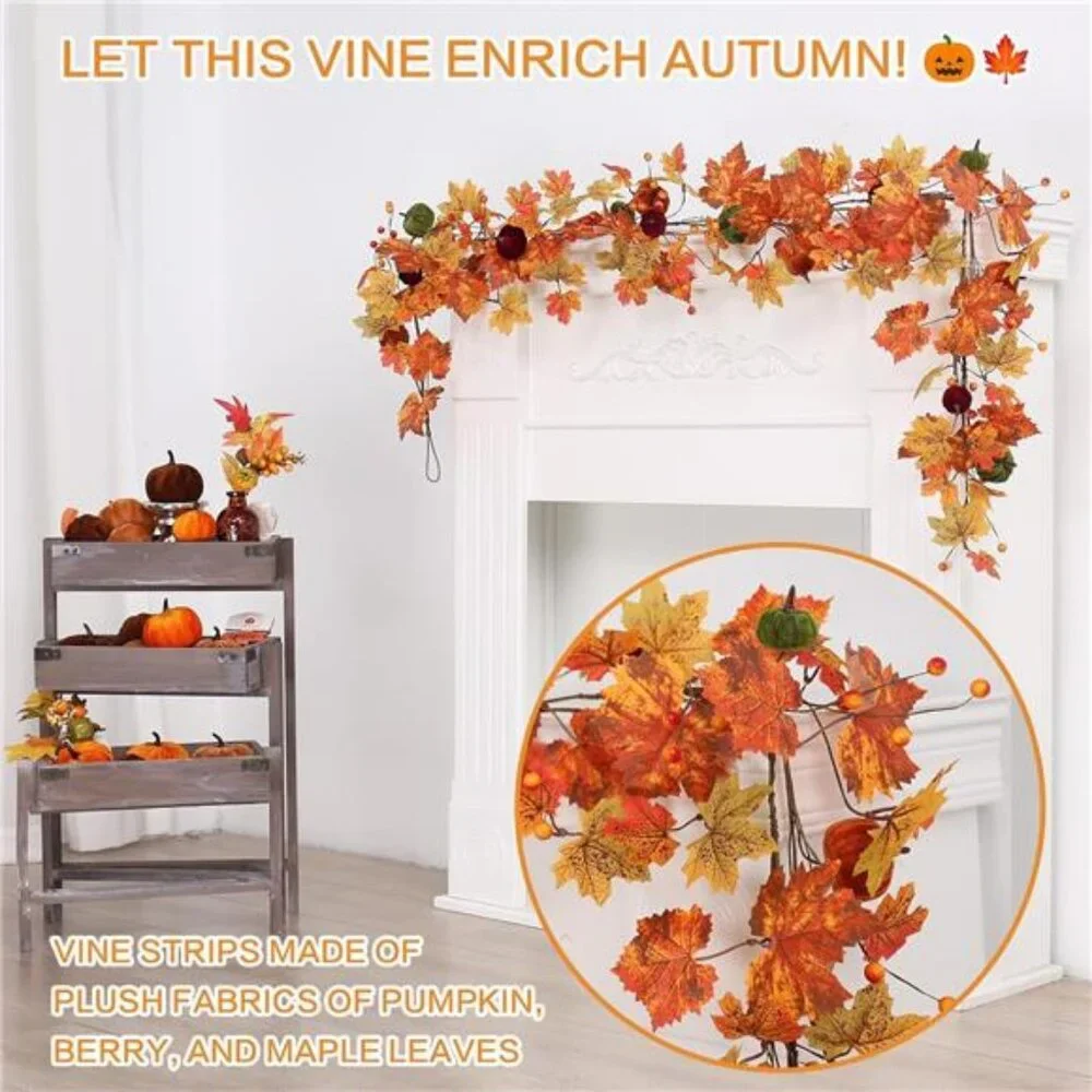 Fall Garland, 6FT Autumn Maple Leaf Velvet Pumpkin/Berry Garland Fall Decor